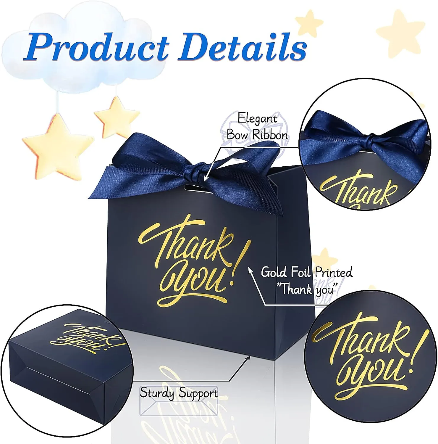 60 Pack Small Thank You Gift Bags, 4.5x1.8x3.9in Party Favor Bags Boxes with Bow Ribbon, Small Paper Gift Bags with Gold Foil Printed, Mini Candy Treat Bags for Birthday Wedding Party Holiday