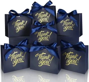 60 Pack Small Thank You Gift Bags, 4.5x1.8x3.9in Party Favor Bags Boxes with Bow Ribbon, Small Paper Gift Bags with Gold Foil Printed, Mini Candy Treat Bags for Birthday Wedding Party Holiday