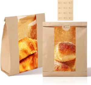 60 Pack Toast Paper Bakery Bags Kraft Paper Bread Loaf Bags with Window for Loaf Pastry Cookies Candies with 60 PCS Label Seal Stickers (13.8" x 8.3" x 3.5")