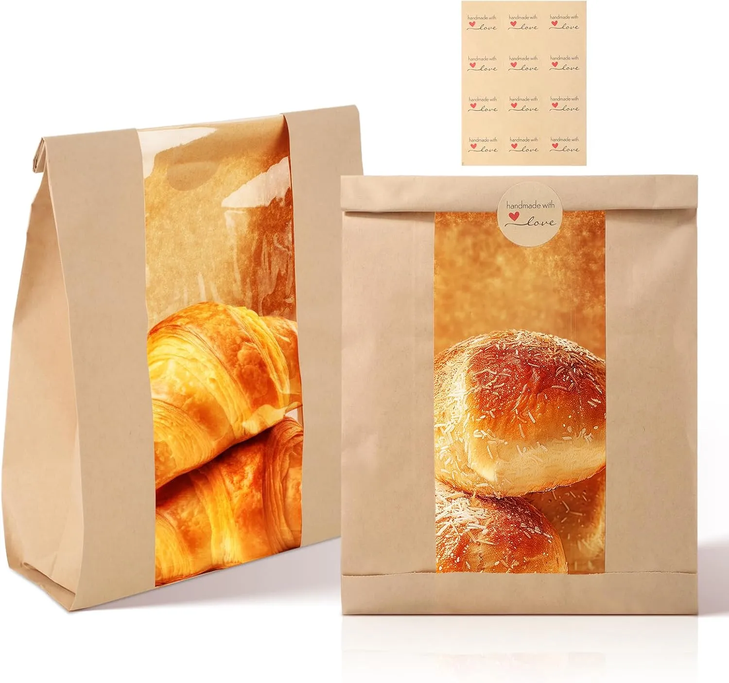 60 Pack Toast Paper Bakery Bags Kraft Paper Bread Loaf Bags with Window for Loaf Pastry Cookies Candies with 60 PCS Label Seal Stickers (13.8" x 8.3" x 3.5")