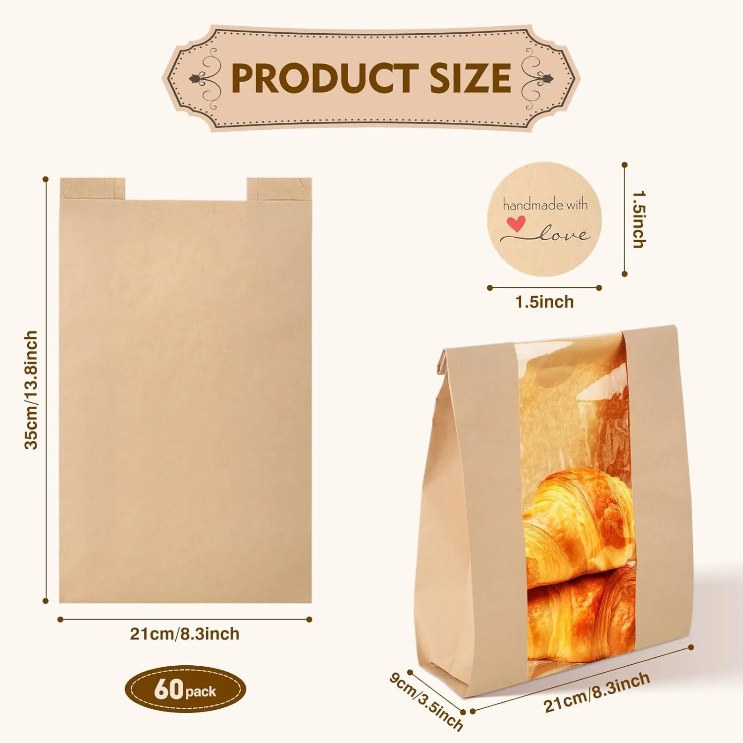 60 Pack Toast Paper Bakery Bags Kraft Paper Bread Loaf Bags with Window for Loaf Pastry Cookies Candies with 60 PCS Label Seal Stickers (13.8" x 8.3" x 3.5")