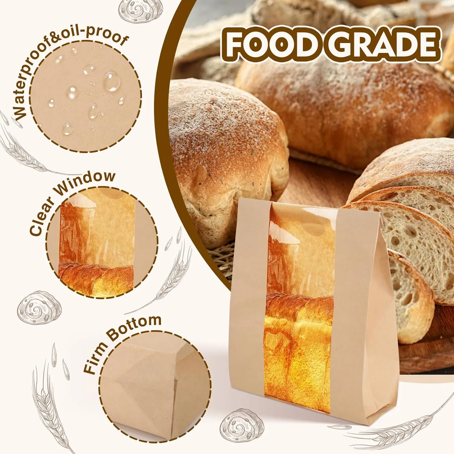 60 Pack Toast Paper Bakery Bags Kraft Paper Bread Loaf Bags with Window for Loaf Pastry Cookies Candies with 60 PCS Label Seal Stickers (13.8" x 8.3" x 3.5")