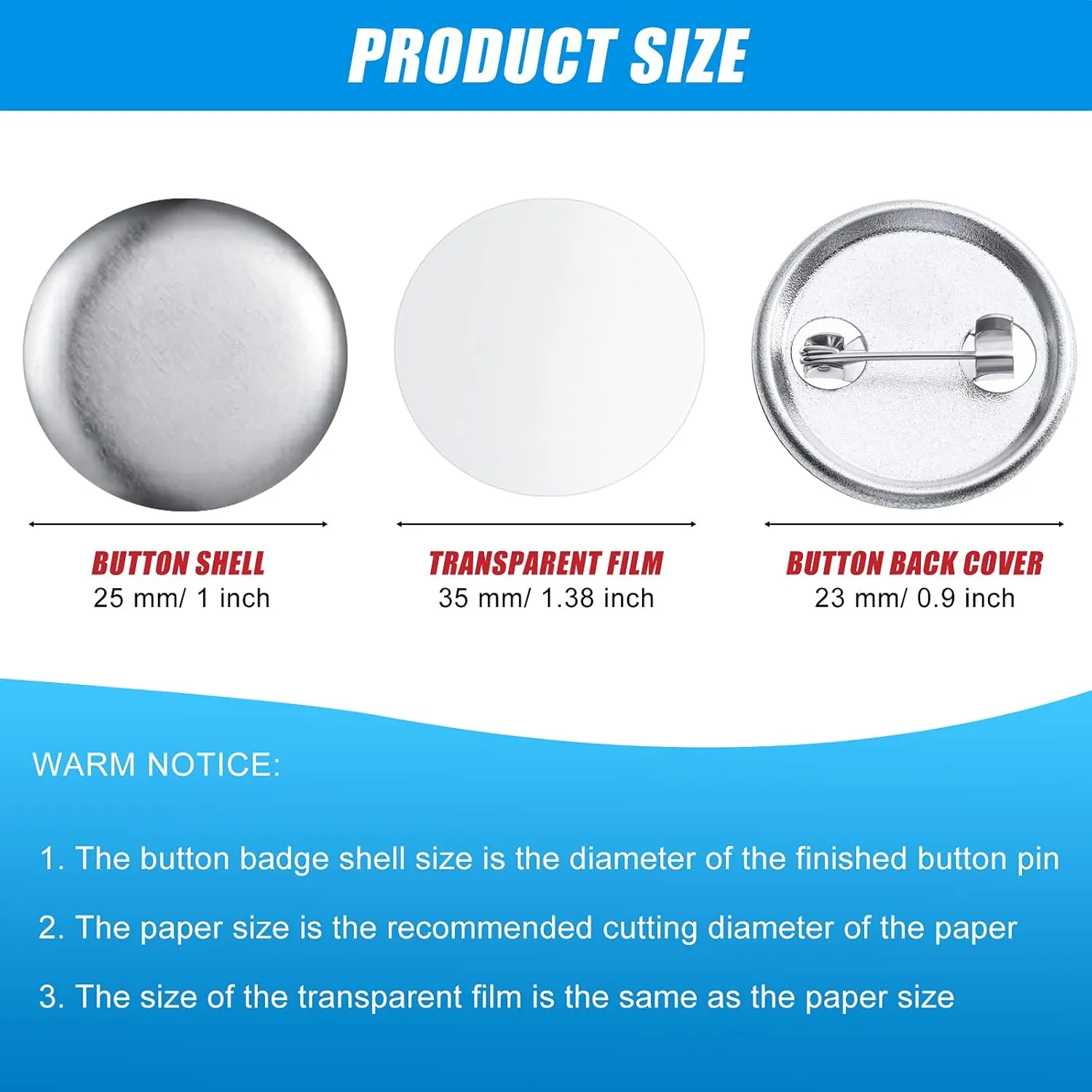 600 Pieces Blank Button Making Supplies Round Badge Parts Metal Pin Button Kit for Badge Make Machine, Including Metal Shells Back Cover and Clear Film(1 Inch)