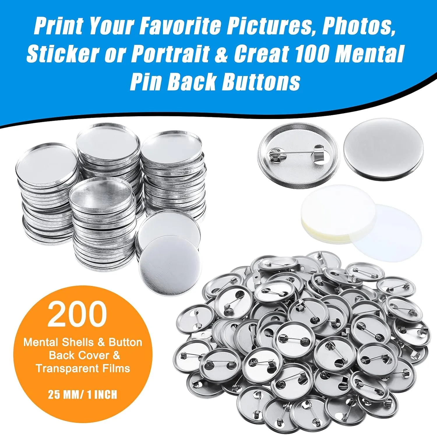 600 Pieces Blank Button Making Supplies Round Badge Parts Metal Pin Button Kit for Badge Make Machine, Including Metal Shells Back Cover and Clear Film(1 Inch)