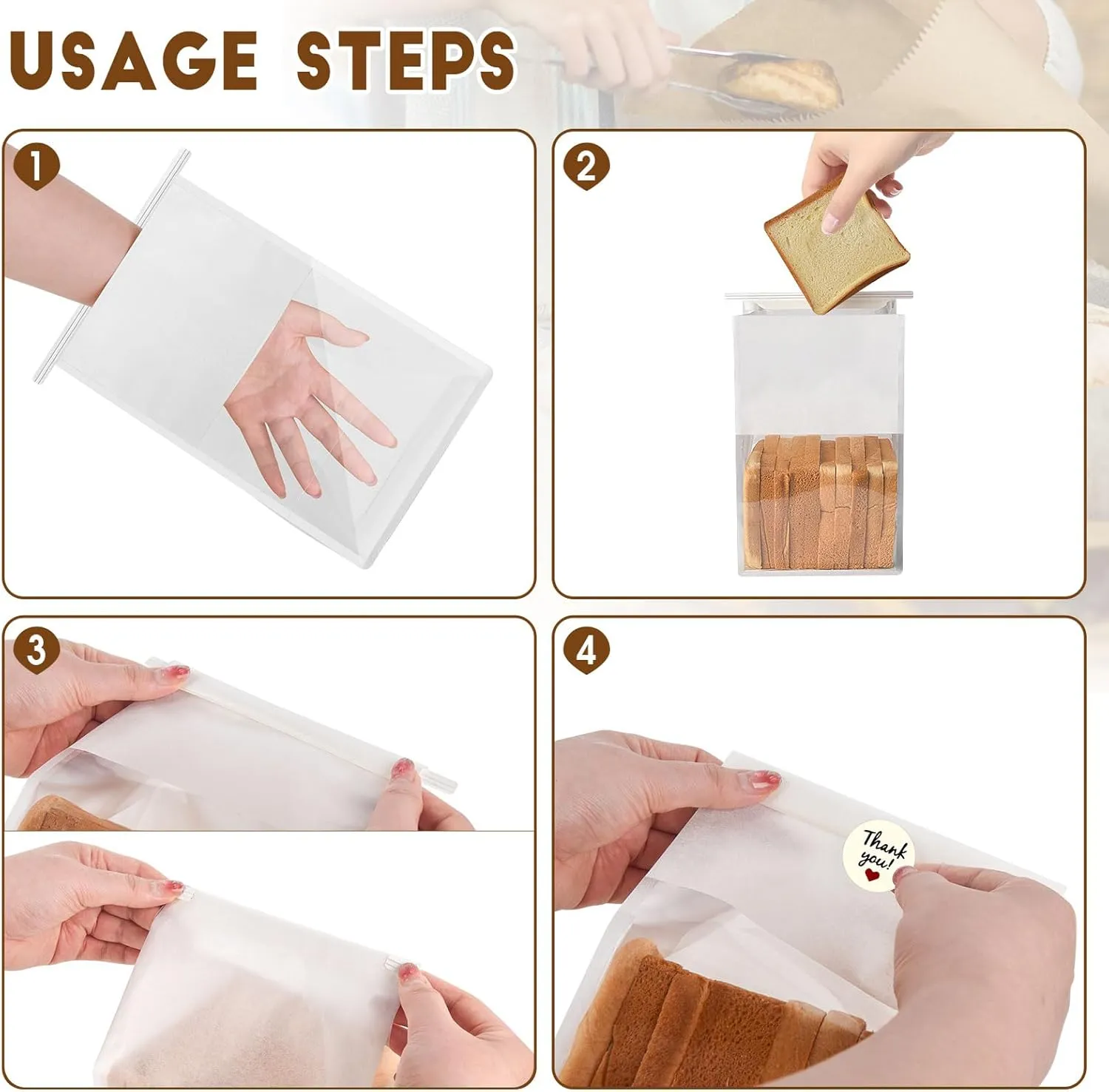 60pcs Bakery Bags with Thank You Stickers,11.3x5.1x3.7 inches Sourdough Bread Bags with Tin Tie Tab Lock Smoother Paper Bakery Bags with Clear Window for Homemade Bread, Baked Food Packaging Storage