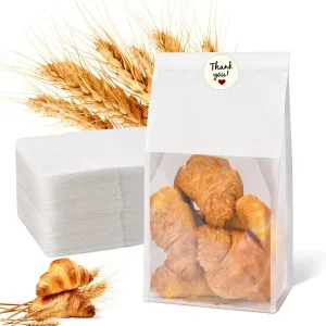 60pcs Bakery Bags with Thank You Stickers,11.3x5.1x3.7 inches Sourdough Bread Bags with Tin Tie Tab Lock Smoother Paper Bakery Bags with Clear Window for Homemade Bread, Baked Food Packaging Storage