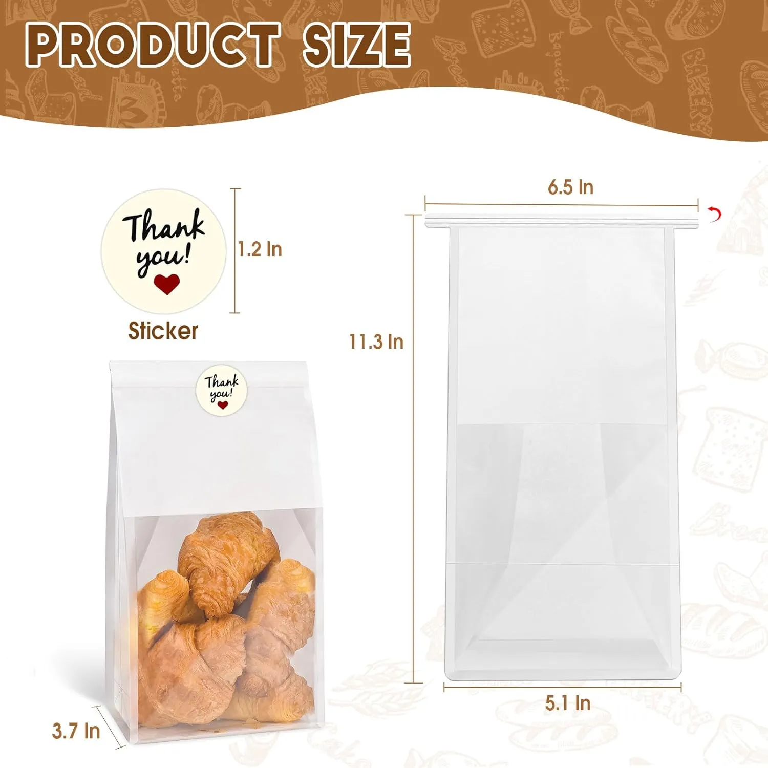 60pcs Bakery Bags with Thank You Stickers,11.3x5.1x3.7 inches Sourdough Bread Bags with Tin Tie Tab Lock Smoother Paper Bakery Bags with Clear Window for Homemade Bread, Baked Food Packaging Storage