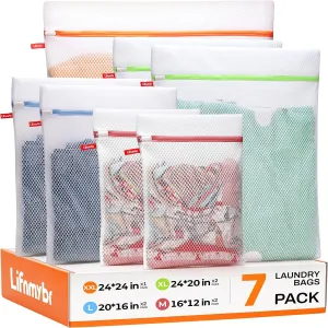 7 Pack Laundry Bags, Honeycomb-Mesh with Zipper, Hanging Loop, 4 Sizes (XXL, XL, L, M) for Delicates, Lingerie, Socks