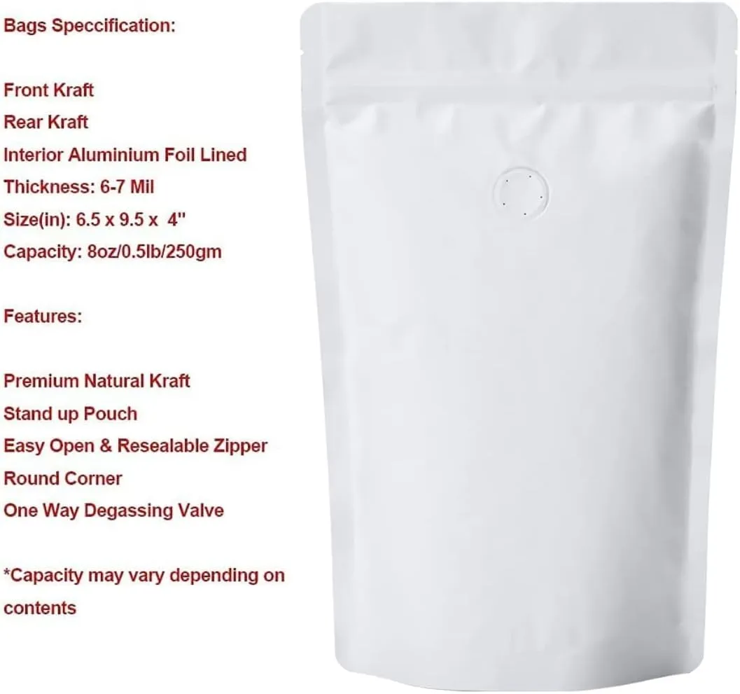 8 Ounce 50 Pieces White Kraft Coffee Bags with Ziplock - High Barrier Natural Kraft Paper Stand up Coffee Pouches with One Way Degassing Valve & Zipper (50, 8oz/0.5lb/250gram)