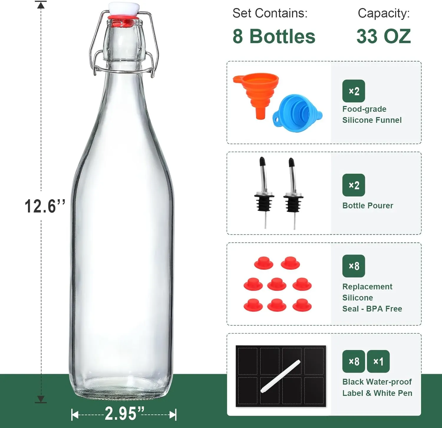 8 Pack [1 Liter / 33 fl. oz.] Swing Top Glass Bottles w/ Airtight Stopper Lids – Flip Top Brewing Bottle for Fermentation, Kombucha, Mead, Vinegar, Beer, Kefir, Wine – With 8 Extra Seals & 2 Pourers