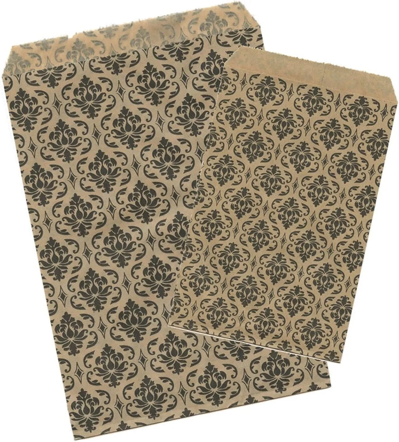 888 Display USA, Inc 200 pcs Damask Paper Gift Bags Shopping Sales Tote Bags 6" x 9" Brown with Black Damask Design