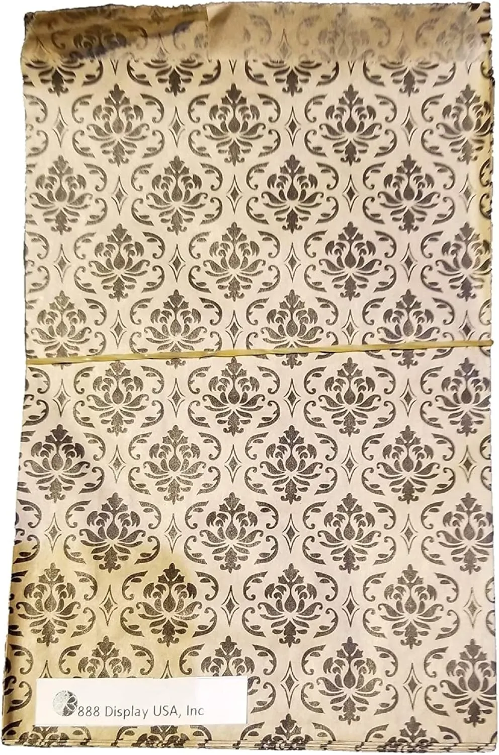 888 Display USA, Inc 200 pcs Damask Paper Gift Bags Shopping Sales Tote Bags 6" x 9" Brown with Black Damask Design