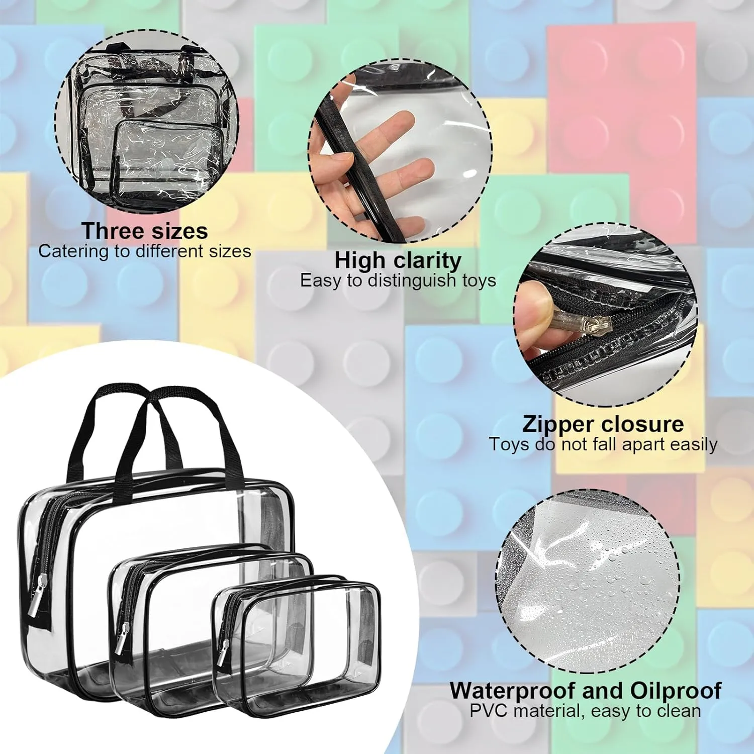 9 Packs Clear PVC Toy Storage Bags Toiletry Bags Waterproof Kids Zippered Toy Organizing Bags for Building Blocks Puzzle Stationery Black