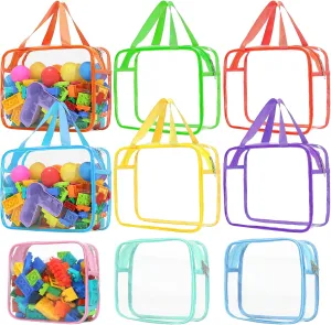 9 Pcs Toy Storage Bags, Clear PVC Toy Organizer Bag Include 6Pcs Large Handheld and 3Pcs Medium Zipper Bags with Labels for Organizing Board Game, Building Blocks (Colorful)