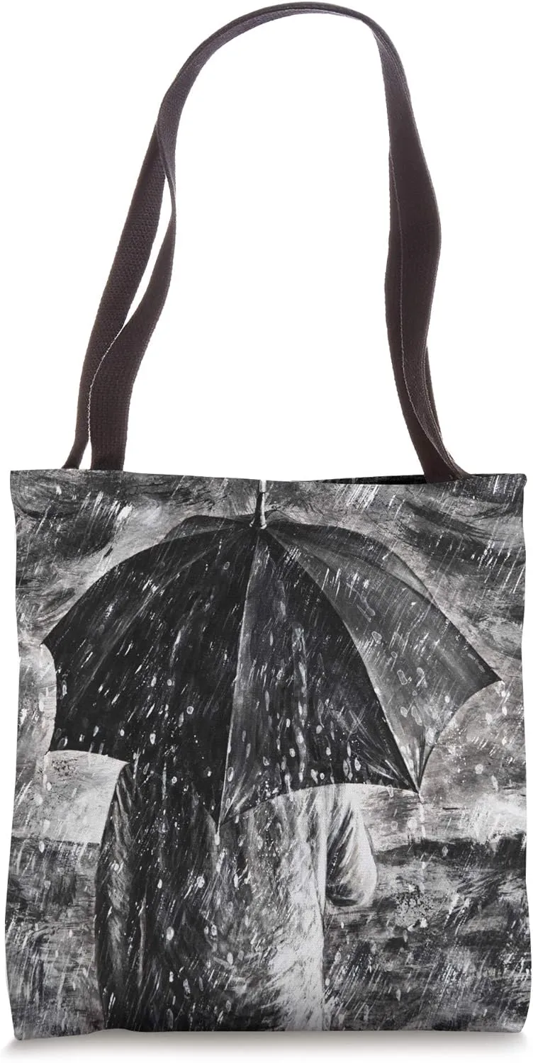 A Walk In The Rain | Black & White Artistic Umbrella Tote Bag
