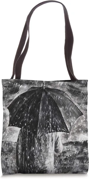 A Walk In The Rain | Black & White Artistic Umbrella Tote Bag