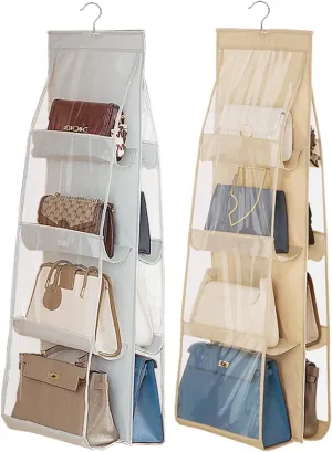 AARAINBOW 2 Pack Hanging Handbag Purse Organizer, 8 Pockets, Wardrobe Closet Space Saving Transparent Hand Bags Holder, 43.3L x 14.1W (Gray Beige)