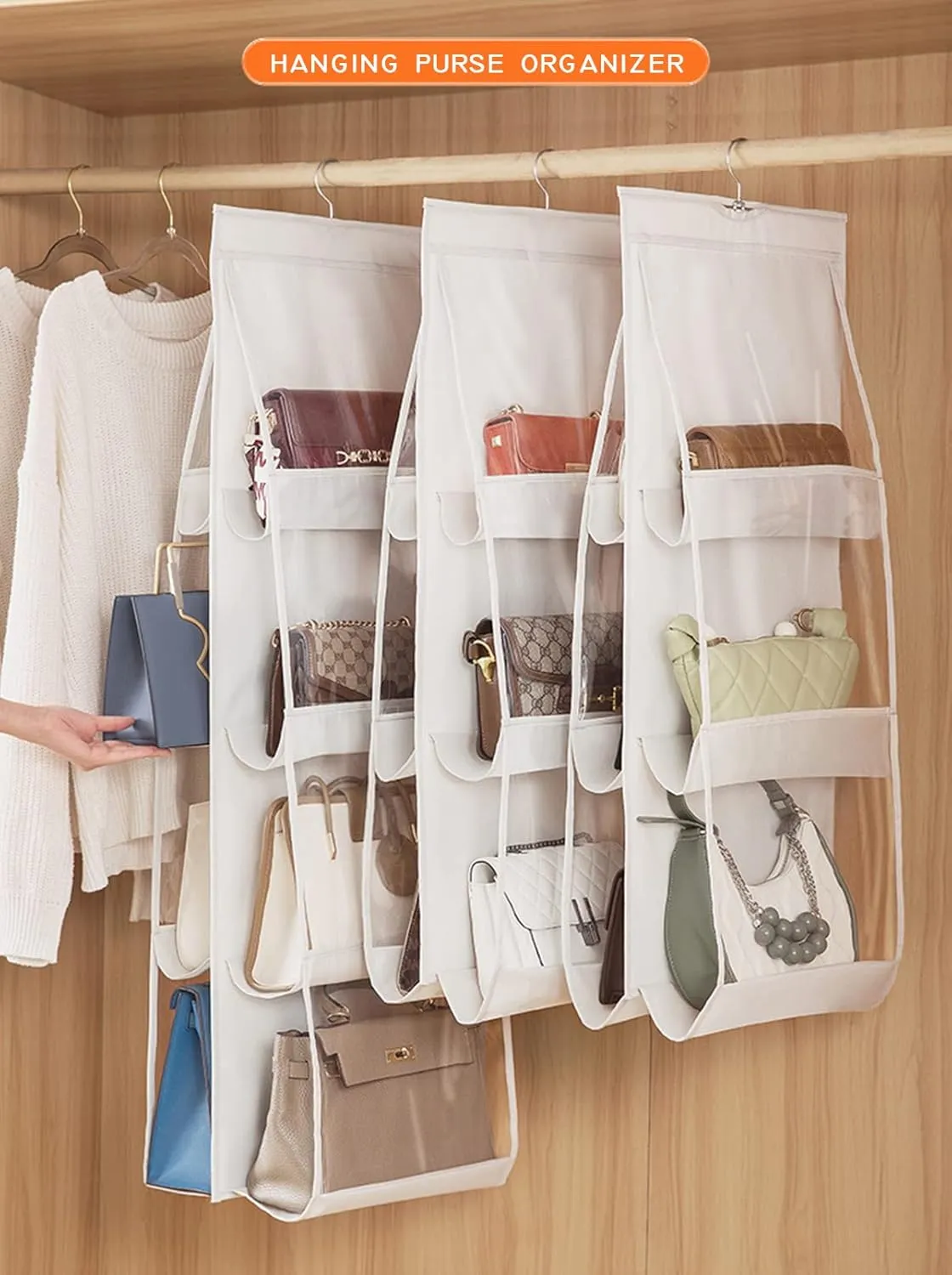 AARAINBOW 2 Pack Hanging Handbag Purse Organizer, 8 Pockets, Wardrobe Closet Space Saving Transparent Hand Bags Holder, 43.3L x 14.1W (Gray Beige)