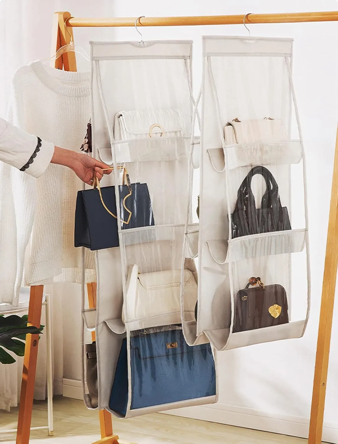 AARAINBOW 2 Pack Hanging Handbag Purse Organizer, 8 Pockets, Wardrobe Closet Space Saving Transparent Hand Bags Holder, 43.3L x 14.1W (Gray Beige)
