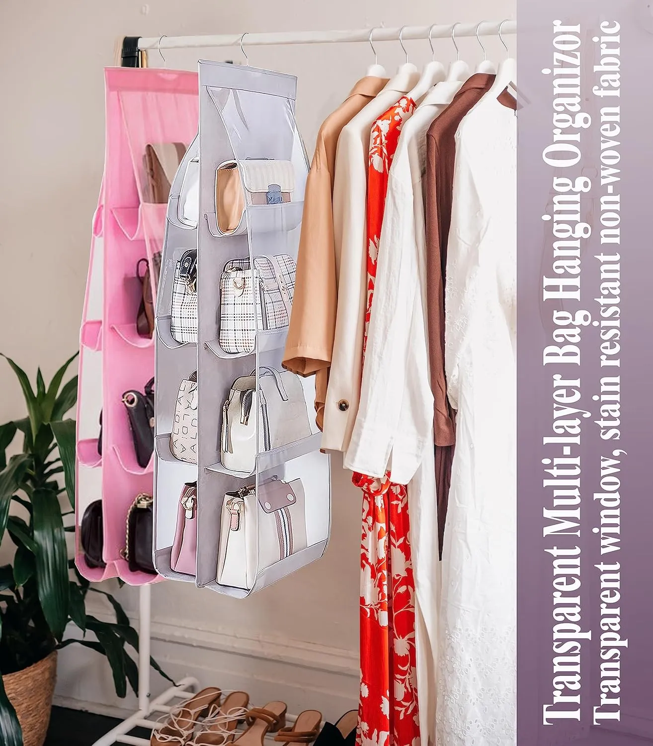 AARAINBOW 2 Packs Hanging Handbag Purse Organizer, Hanging Hand Bag Organizer Wardrobe Closet Purse Holder, 8 Pockets, 43.3L x 14.1W (B Gray Light Pink)
