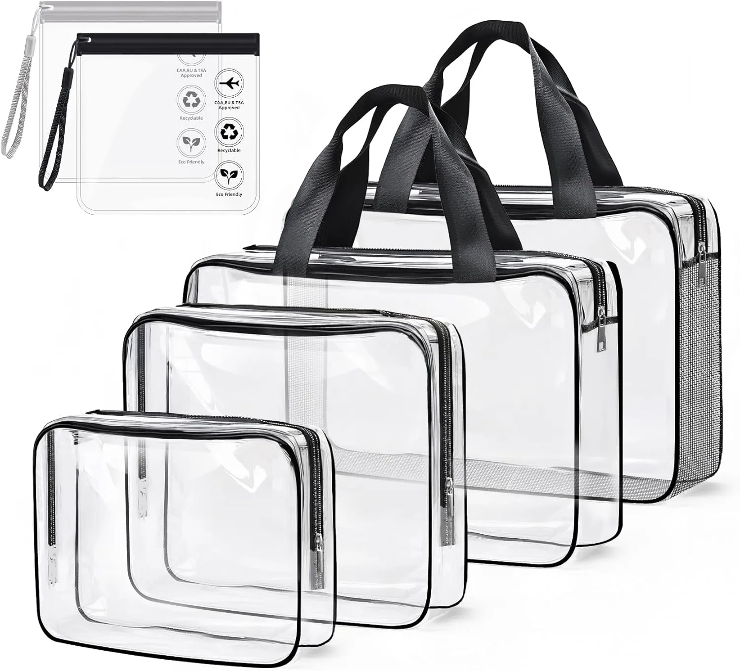 ABSOFINE 4 Pack Clear Toiletry Bag Set, Thickened PVC Waterproof Makeup Bags with 2 Pack Leakproof Travel Bags for Liquids 7.9x7.9in, Plastic Travel Cosmetic Wash Bag with Zippers for Women Girls Men