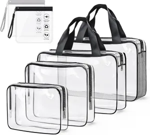 ABSOFINE 4 Pack Clear Toiletry Bag Set, Thickened PVC Waterproof Makeup Bags with 2 Pack Leakproof Travel Bags for Liquids 7.9x7.9in, Plastic Travel Cosmetic Wash Bag with Zippers for Women Girls Men