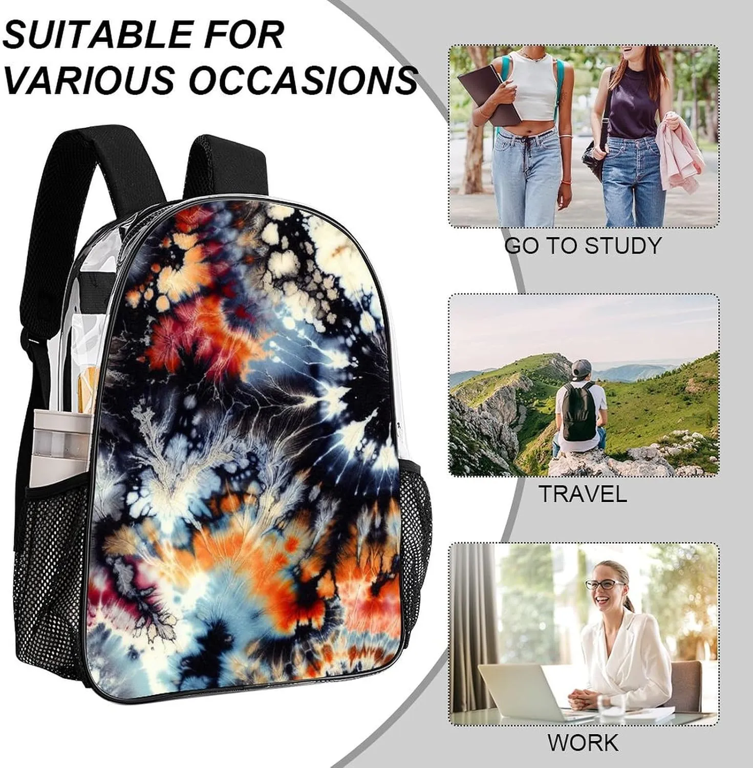 Acid Wash Heavy Duty Clear Backpack for Women Men Large Capacity Transparent See Through Bag for Concert Stadium Events with Waterproof PVC