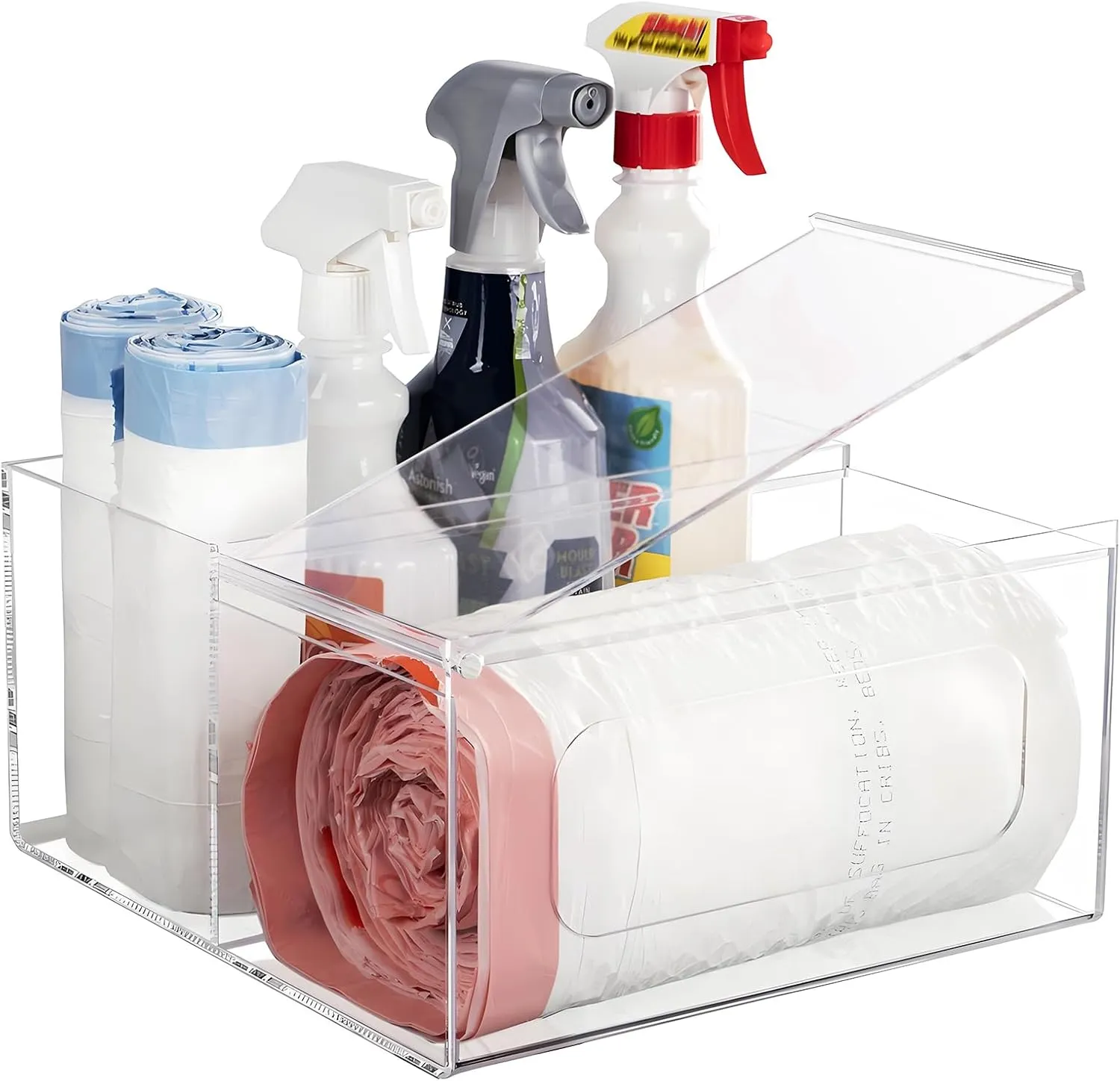 Acrylic Trash Bag Holder Dispenser Kitchen and Bathroom Organizers and Storage - Large Garbage Bag Dispenser Under Sink - Clear Laundry Room Organization with Lid