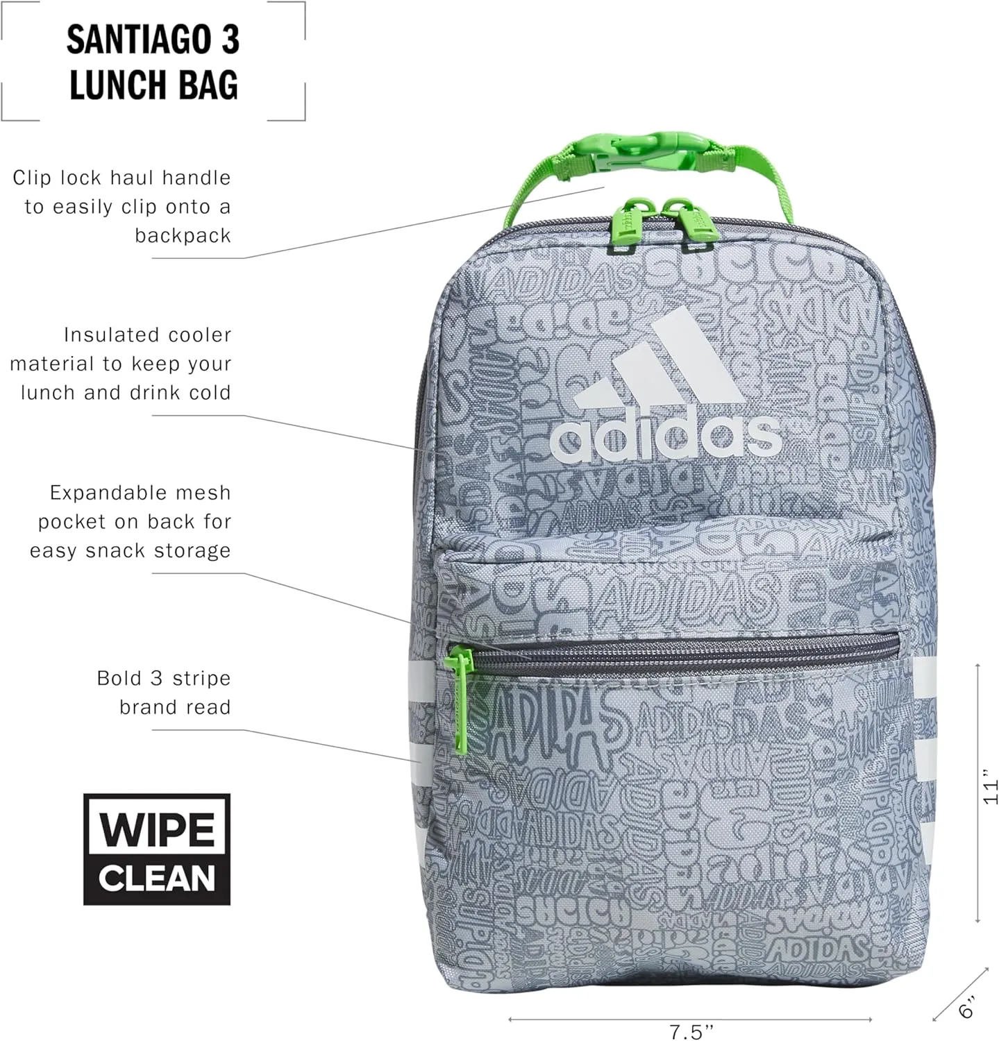 adidas Santiago Bag Cooler, Insulated Food Container, Adult Lunch Boxes for Women and Men with Mesh Pocket, Adi Font Madness Stone Grey/Grey/Lucid Lime Green/3.0, One Size