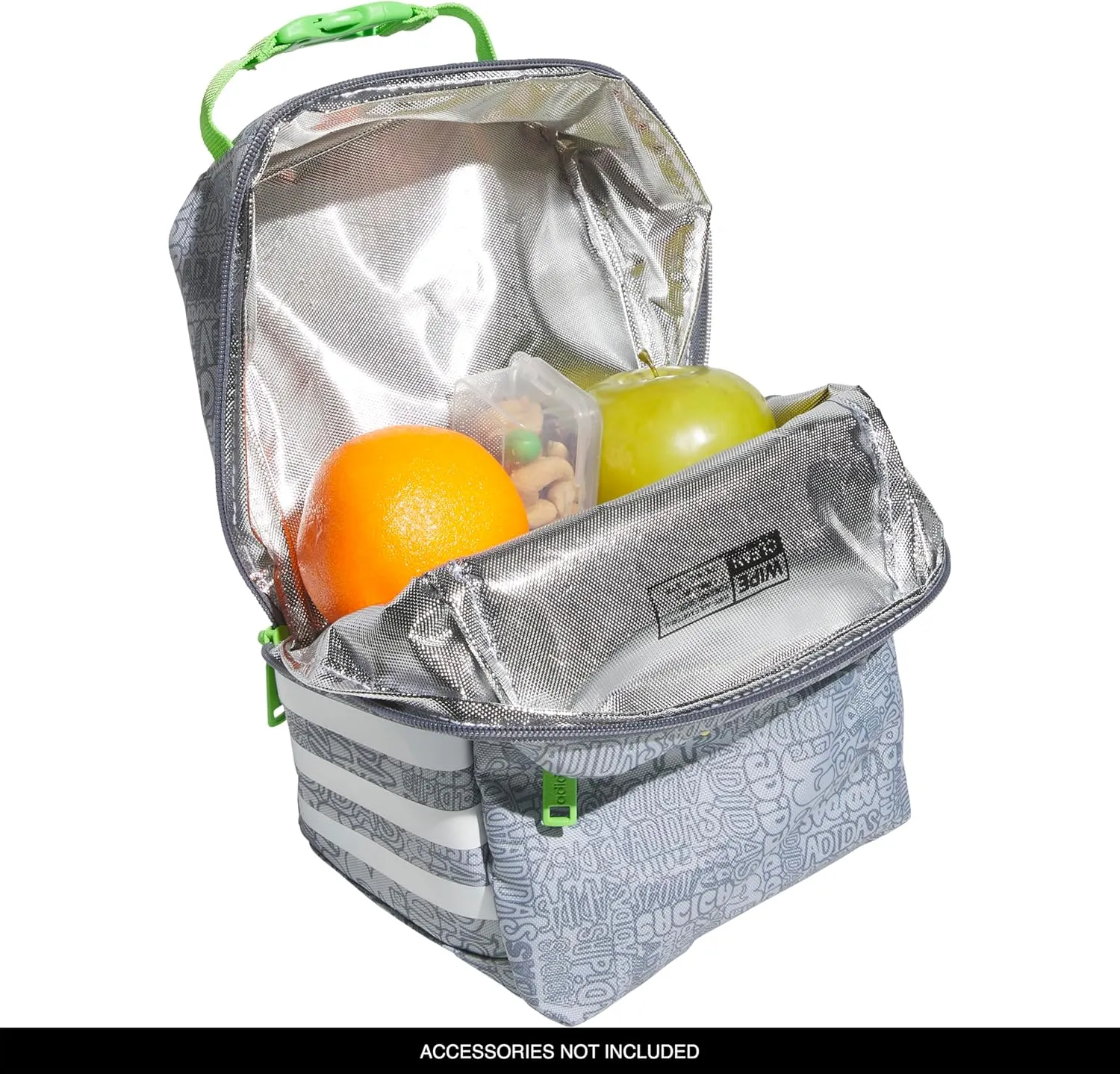 adidas Santiago Bag Cooler, Insulated Food Container, Adult Lunch Boxes for Women and Men with Mesh Pocket, Adi Font Madness Stone Grey/Grey/Lucid Lime Green/3.0, One Size