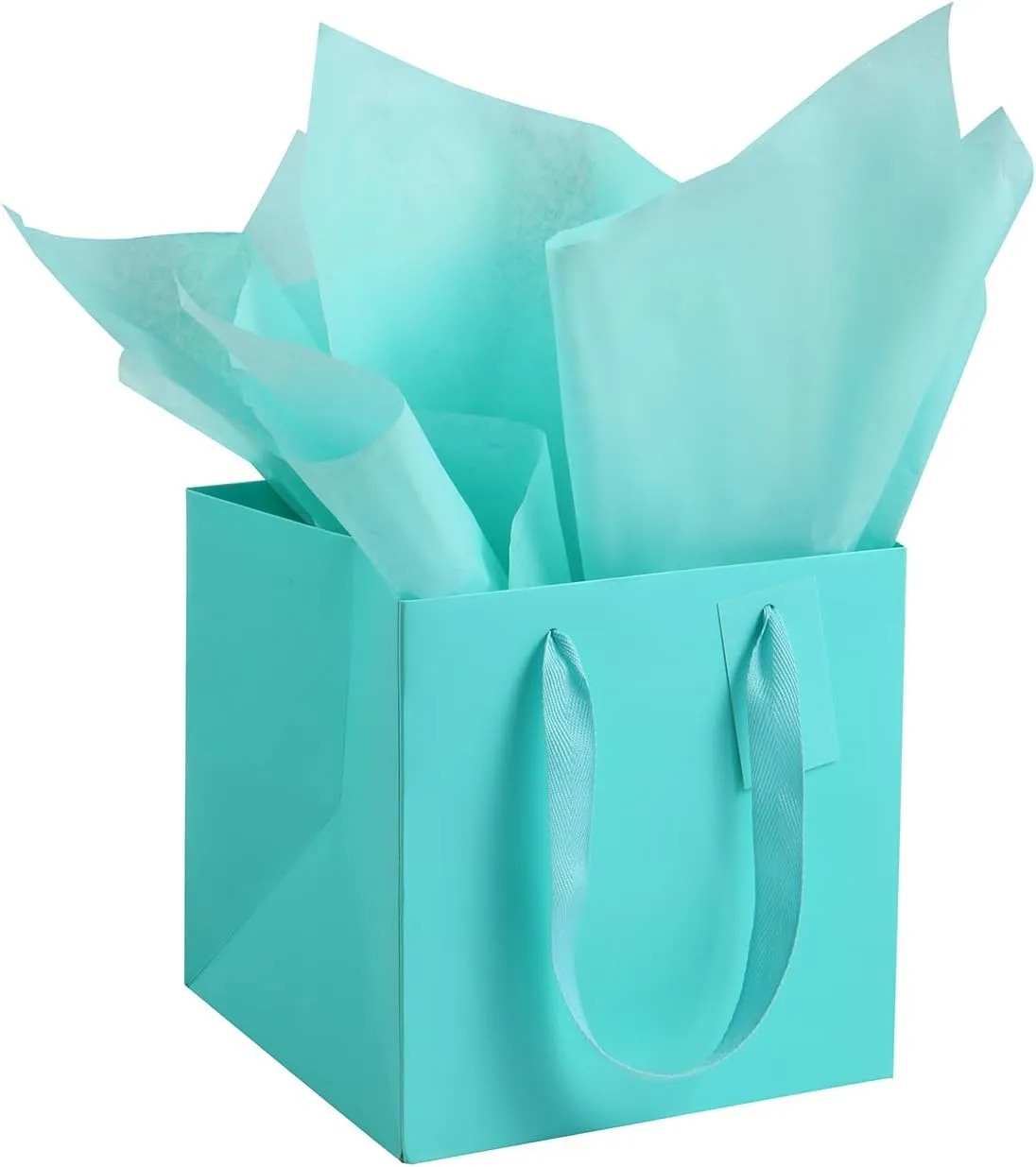 ADIDO EVA 10Pcs Square Gift Bags with Tissue Paper Small Teal Blue Square Gift Bags with Handles for Party Favor (8x8x8 In, Teal Blue)