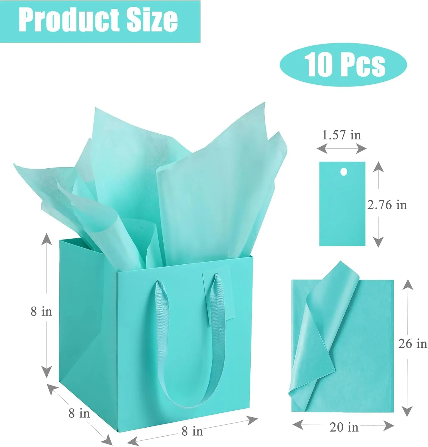 ADIDO EVA 10Pcs Square Gift Bags with Tissue Paper Small Teal Blue Square Gift Bags with Handles for Party Favor (8x8x8 In, Teal Blue)