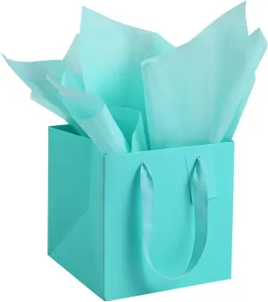 ADIDO EVA 10Pcs Square Gift Bags with Tissue Paper Small Teal Blue Square Gift Bags with Handles for Party Favor (8x8x8 In, Teal Blue)