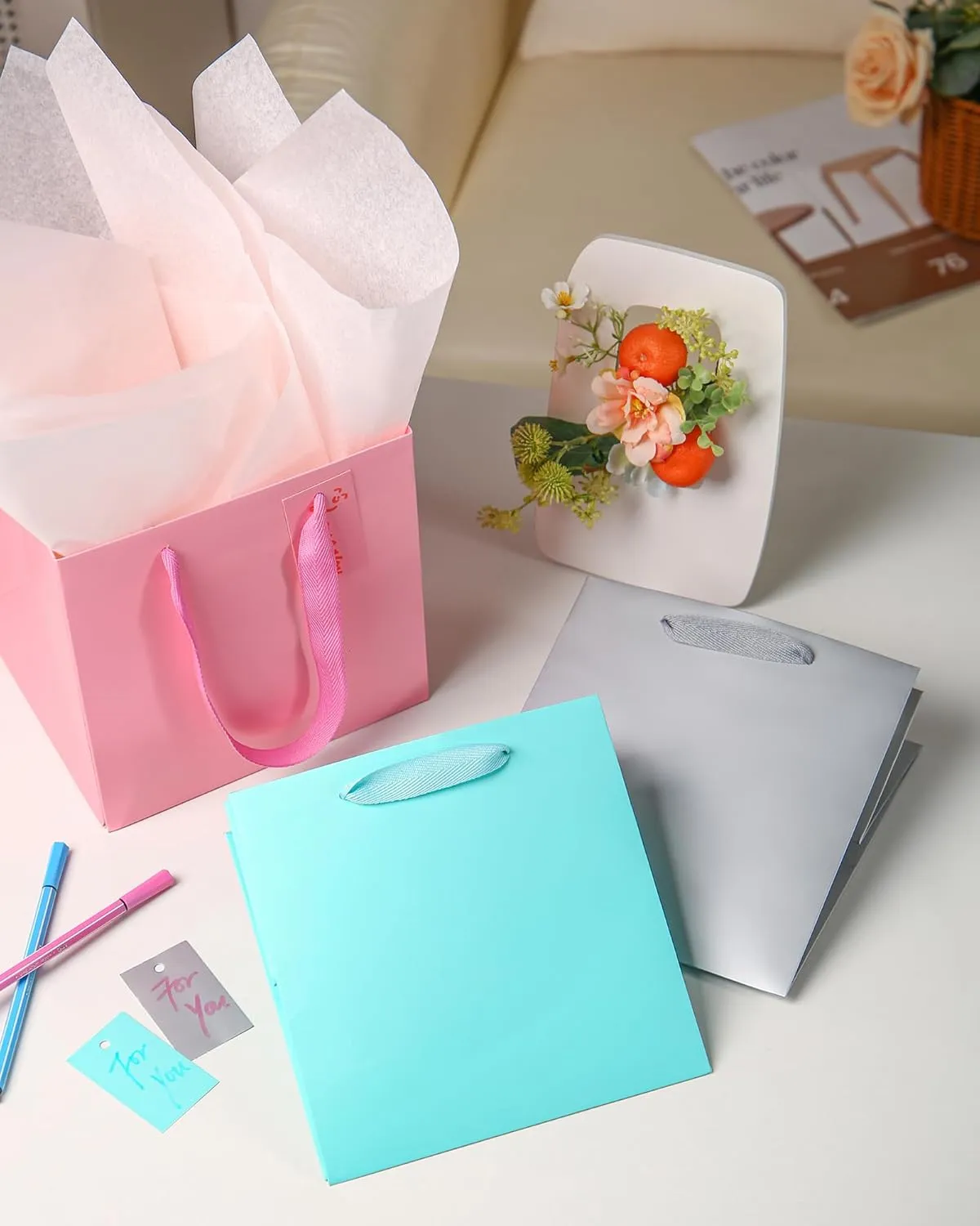 ADIDO EVA 10Pcs Square Gift Bags with Tissue Paper Small Teal Blue Square Gift Bags with Handles for Party Favor (8x8x8 In, Teal Blue)