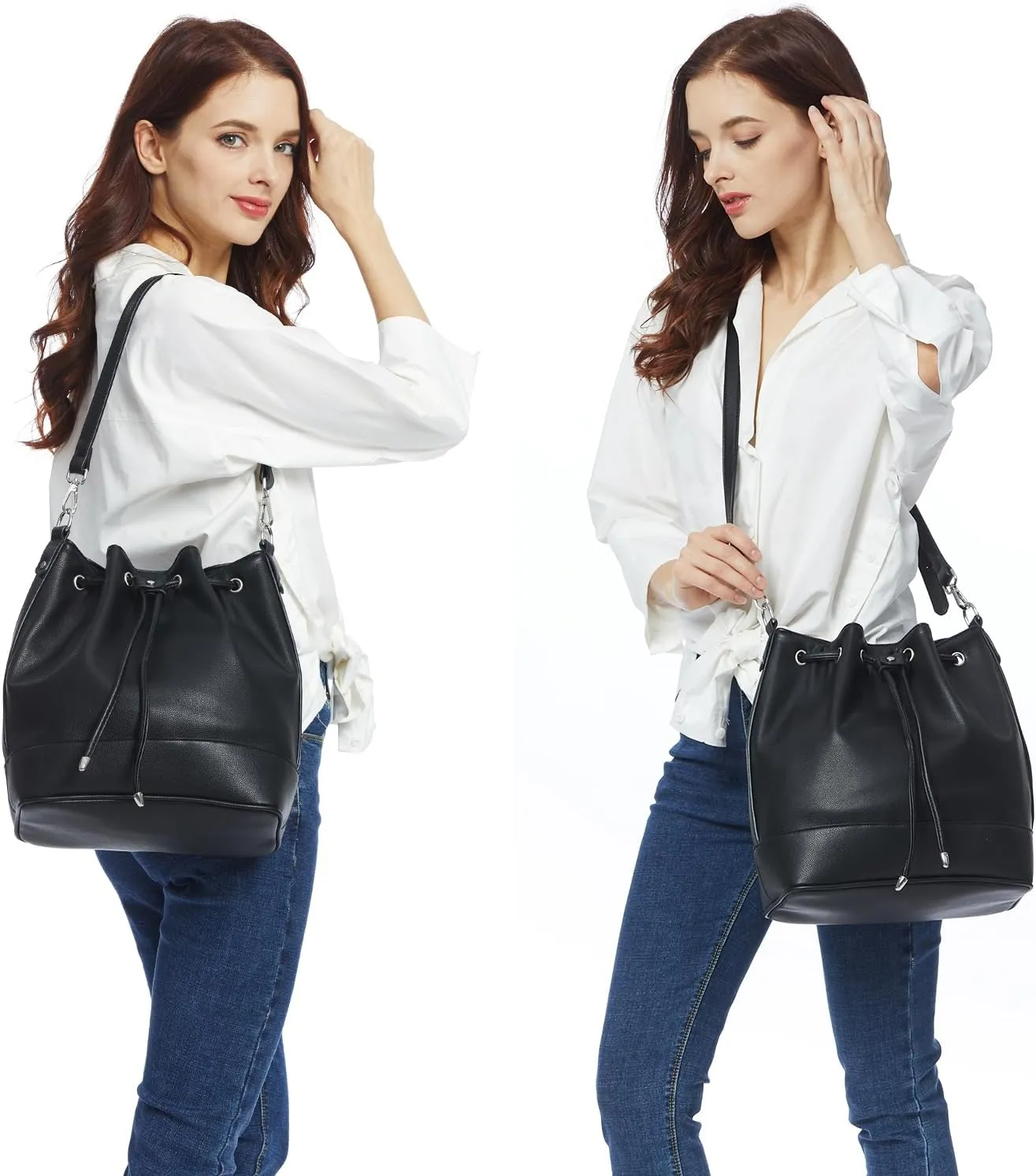 AFKOMST Leather Bucket Bags and Drawstring Crossbody Purse for Women Medium Tote and Hobo Handbags with 2 Shouder Straps