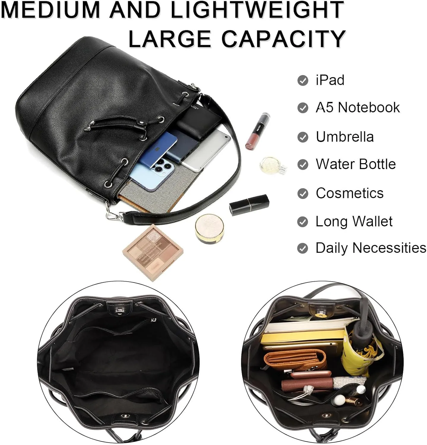 AFKOMST Leather Bucket Bags and Drawstring Crossbody Purse for Women Medium Tote and Hobo Handbags with 2 Shouder Straps