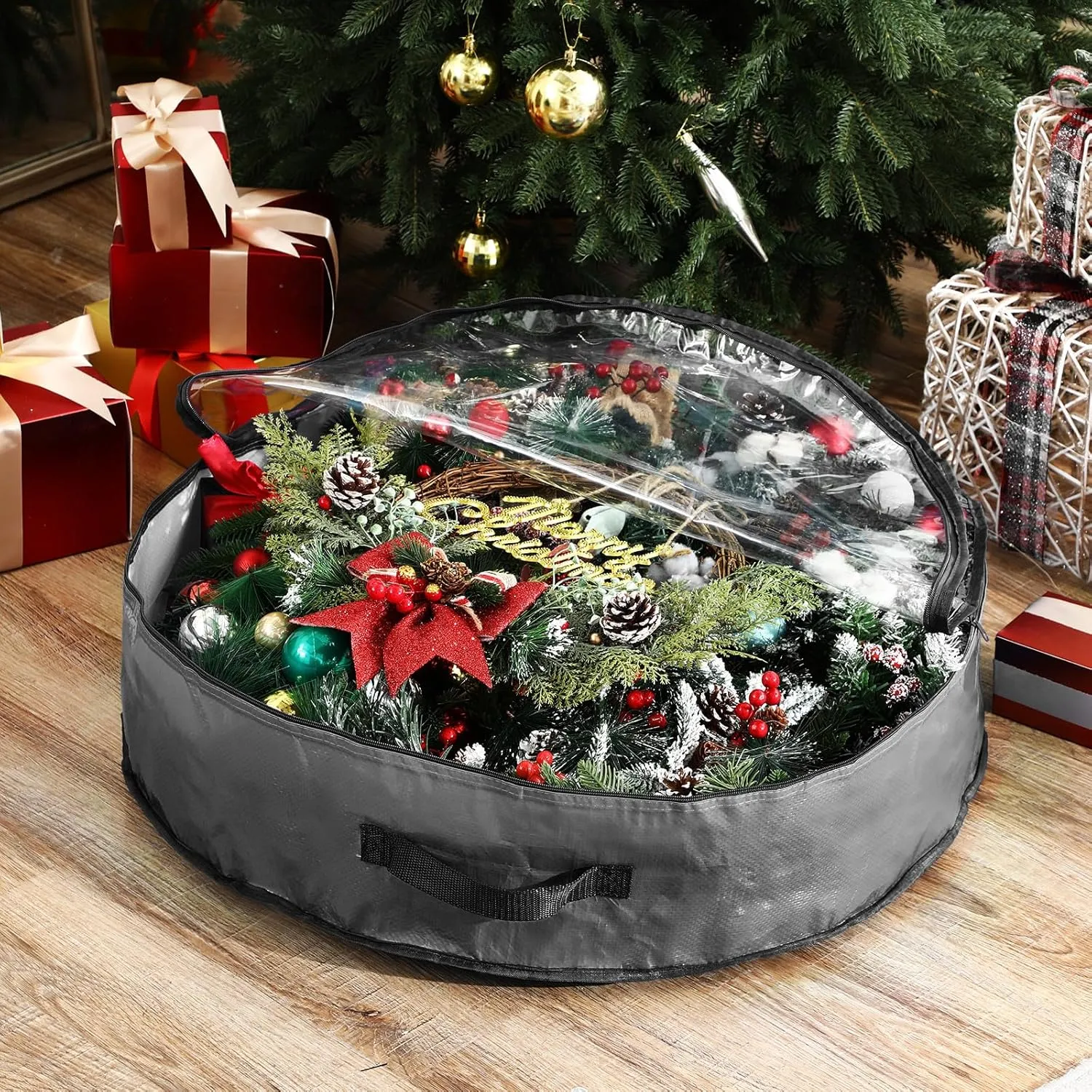 Aliceset 4 Pack Wreath Storage Containers, Storage Bags with Window and Handles, Durable Decoration Box Holder for Holiday(36 x 36 x 7.8 Inch,Gray)