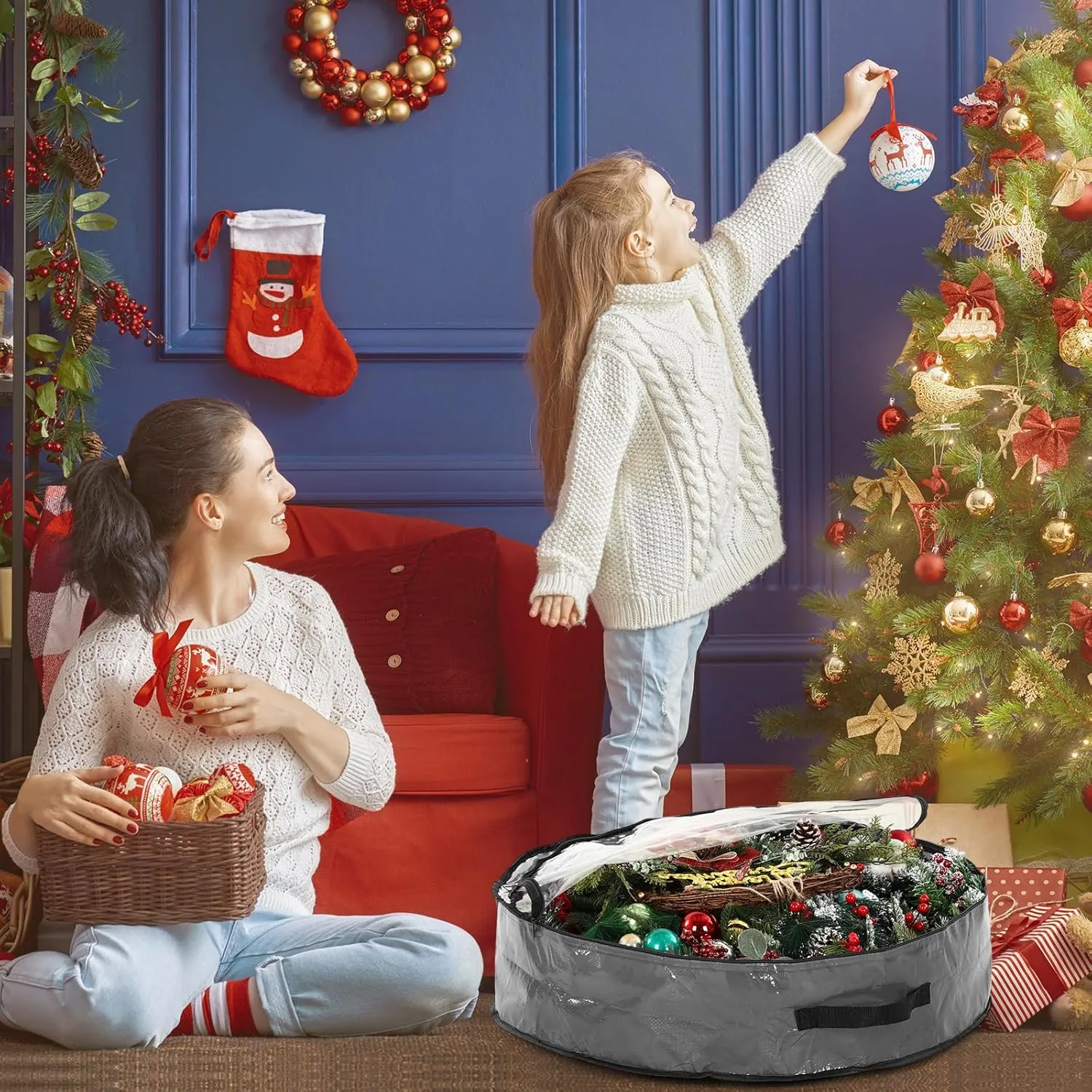 Aliceset 4 Pack Wreath Storage Containers, Storage Bags with Window and Handles, Durable Decoration Box Holder for Holiday(36 x 36 x 7.8 Inch,Gray)
