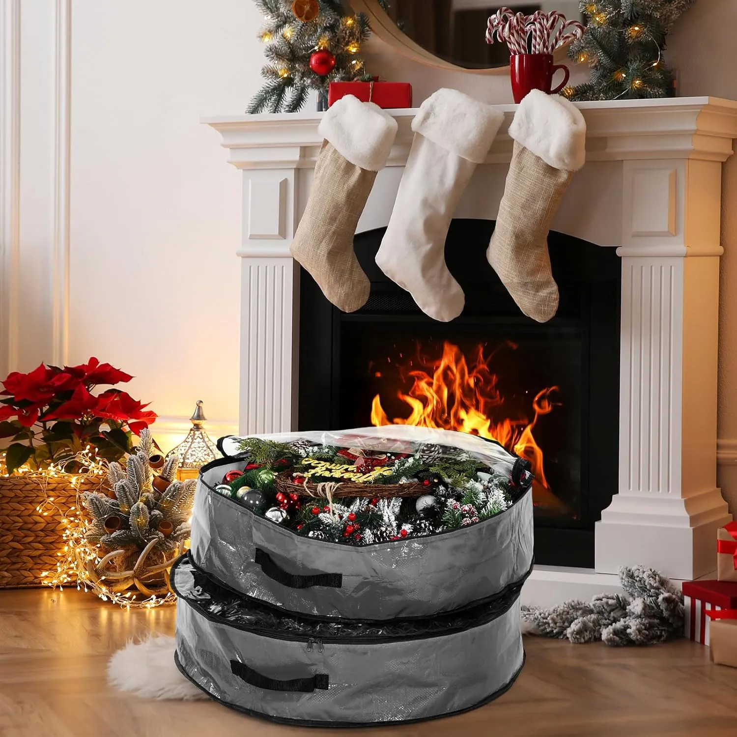 Aliceset 4 Pack Wreath Storage Containers, Storage Bags with Window and Handles, Durable Decoration Box Holder for Holiday(36 x 36 x 7.8 Inch,Gray)