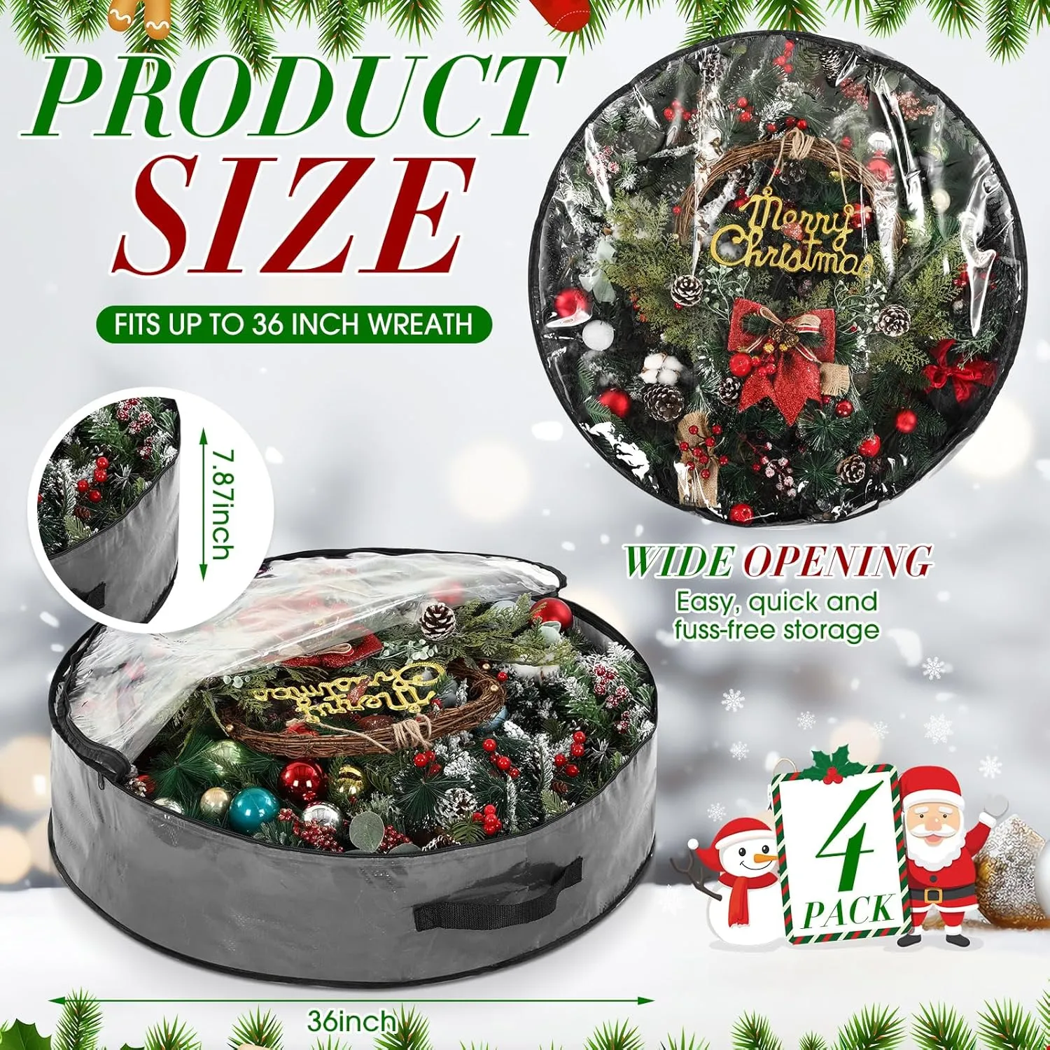 Aliceset 4 Pack Wreath Storage Containers, Storage Bags with Window and Handles, Durable Decoration Box Holder for Holiday(36 x 36 x 7.8 Inch,Gray)
