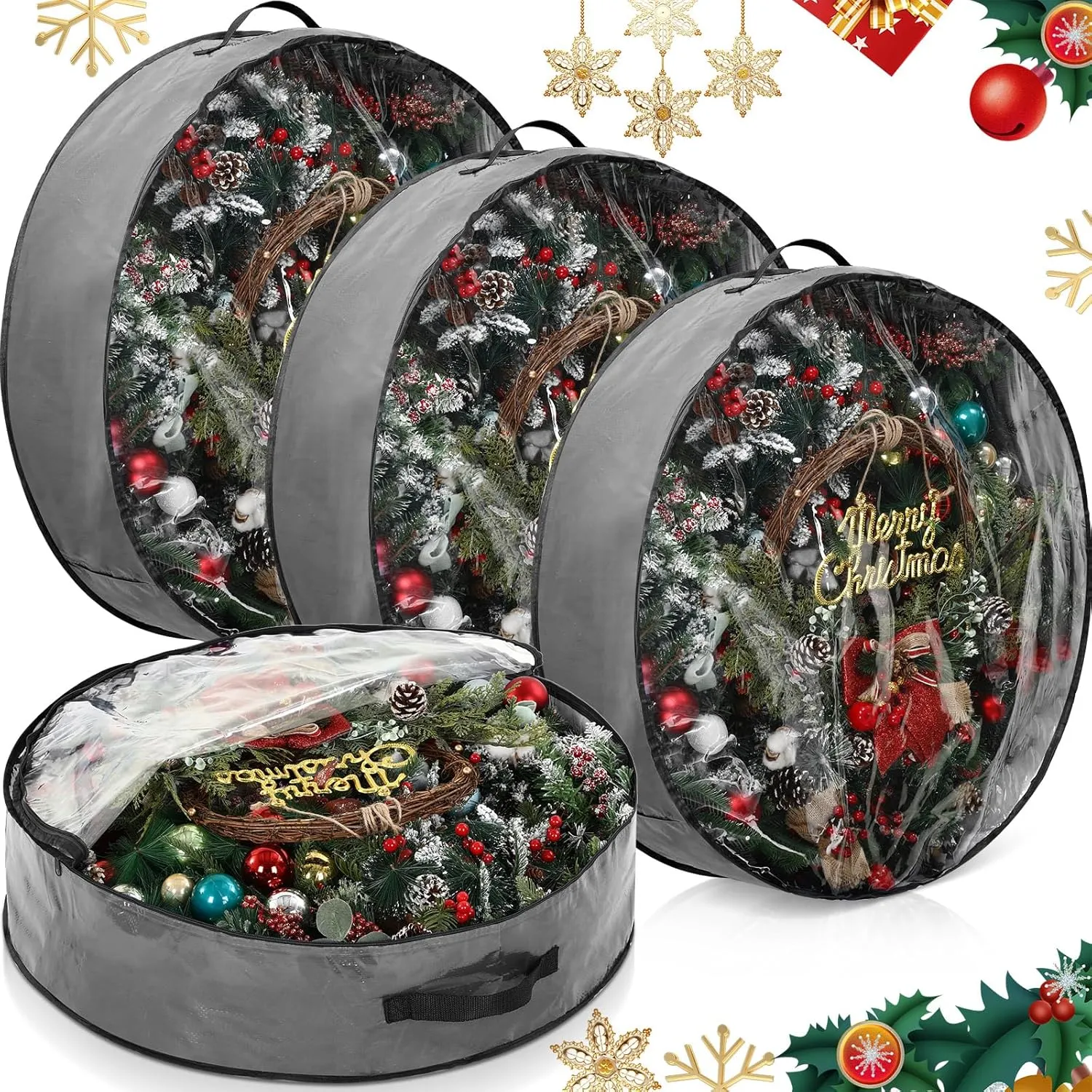 Aliceset 4 Pack Wreath Storage Containers, Storage Bags with Window and Handles, Durable Decoration Box Holder for Holiday(36 x 36 x 7.8 Inch,Gray)