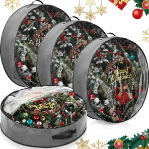 Aliceset 4 Pack Wreath Storage Containers, Storage Bags with Window and Handles, Durable Decoration Box Holder for Holiday(36 x 36 x 7.8 Inch,Gray)