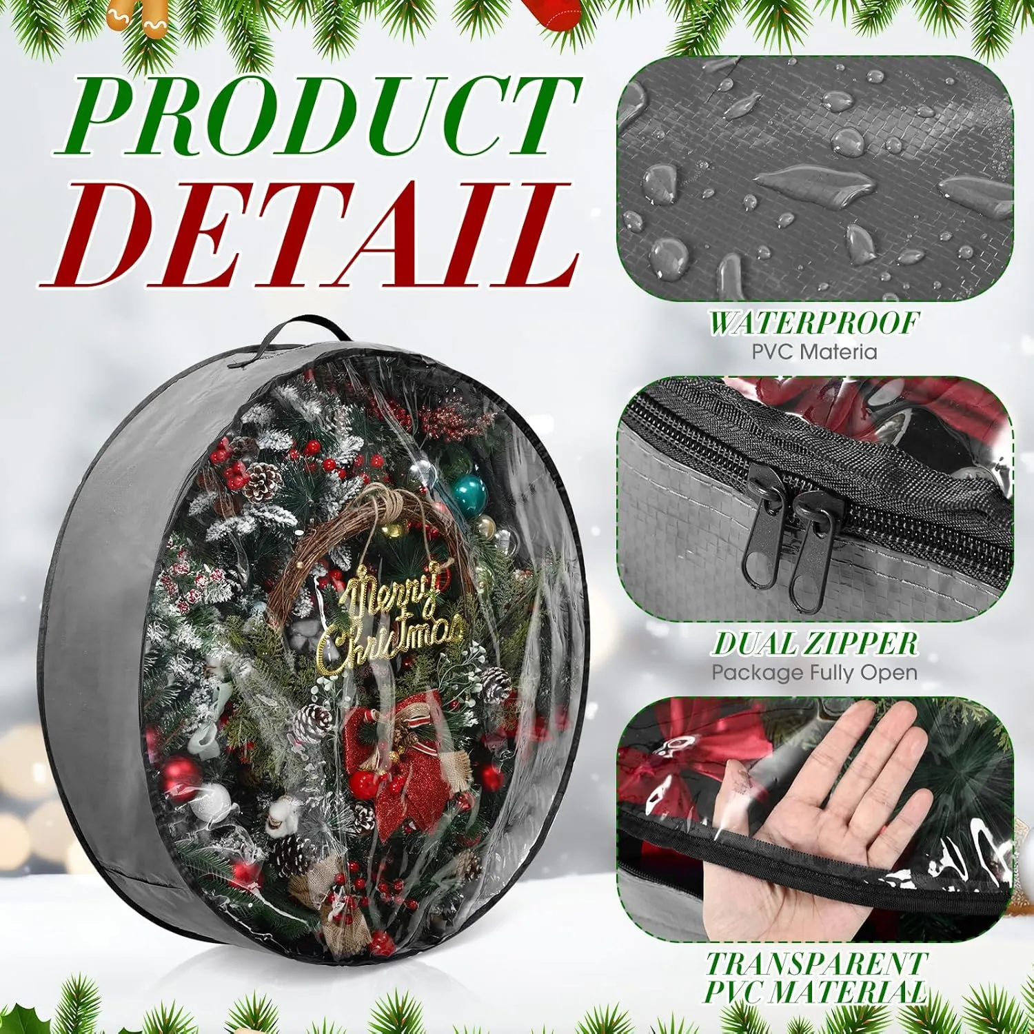 Aliceset 4 Pack Wreath Storage Containers, Storage Bags with Window and Handles, Durable Decoration Box Holder for Holiday(36 x 36 x 7.8 Inch,Gray)