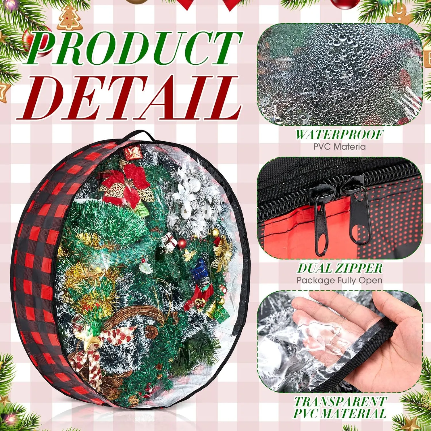 Aliceset 4 Pack Wreath Storage Containers, Storage Bags with Window and Handles, Durable Decoration Box Holder for Holiday(36 x 36 x 7.8 Inch,Red Black Plaid)