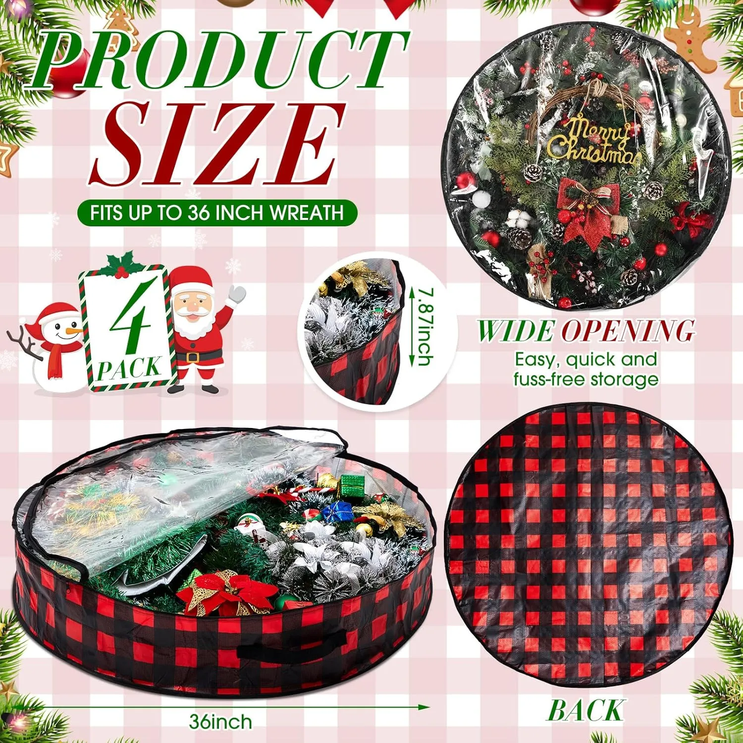 Aliceset 4 Pack Wreath Storage Containers, Storage Bags with Window and Handles, Durable Decoration Box Holder for Holiday(36 x 36 x 7.8 Inch,Red Black Plaid)