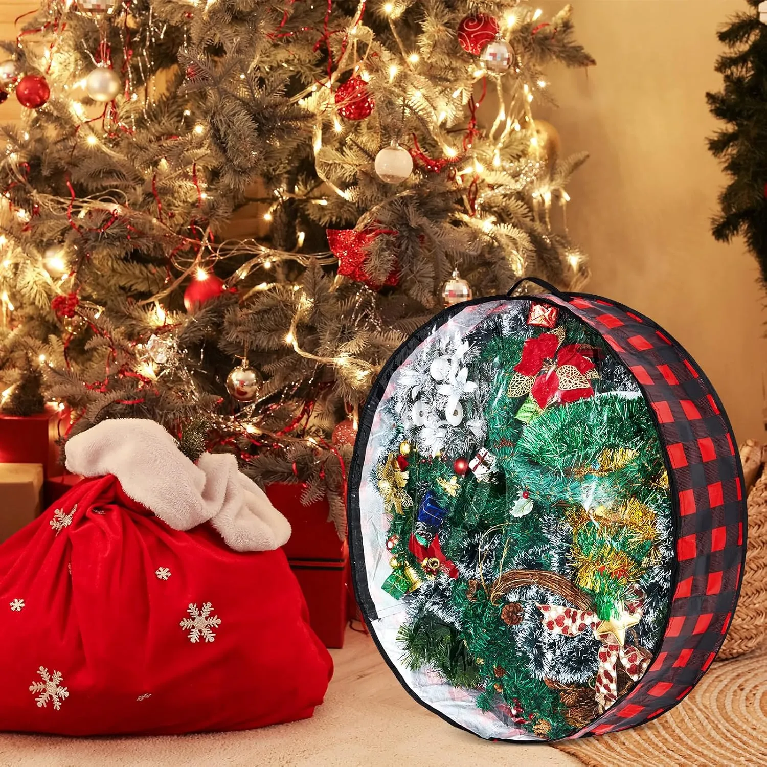 Aliceset 4 Pack Wreath Storage Containers, Storage Bags with Window and Handles, Durable Decoration Box Holder for Holiday(36 x 36 x 7.8 Inch,Red Black Plaid)