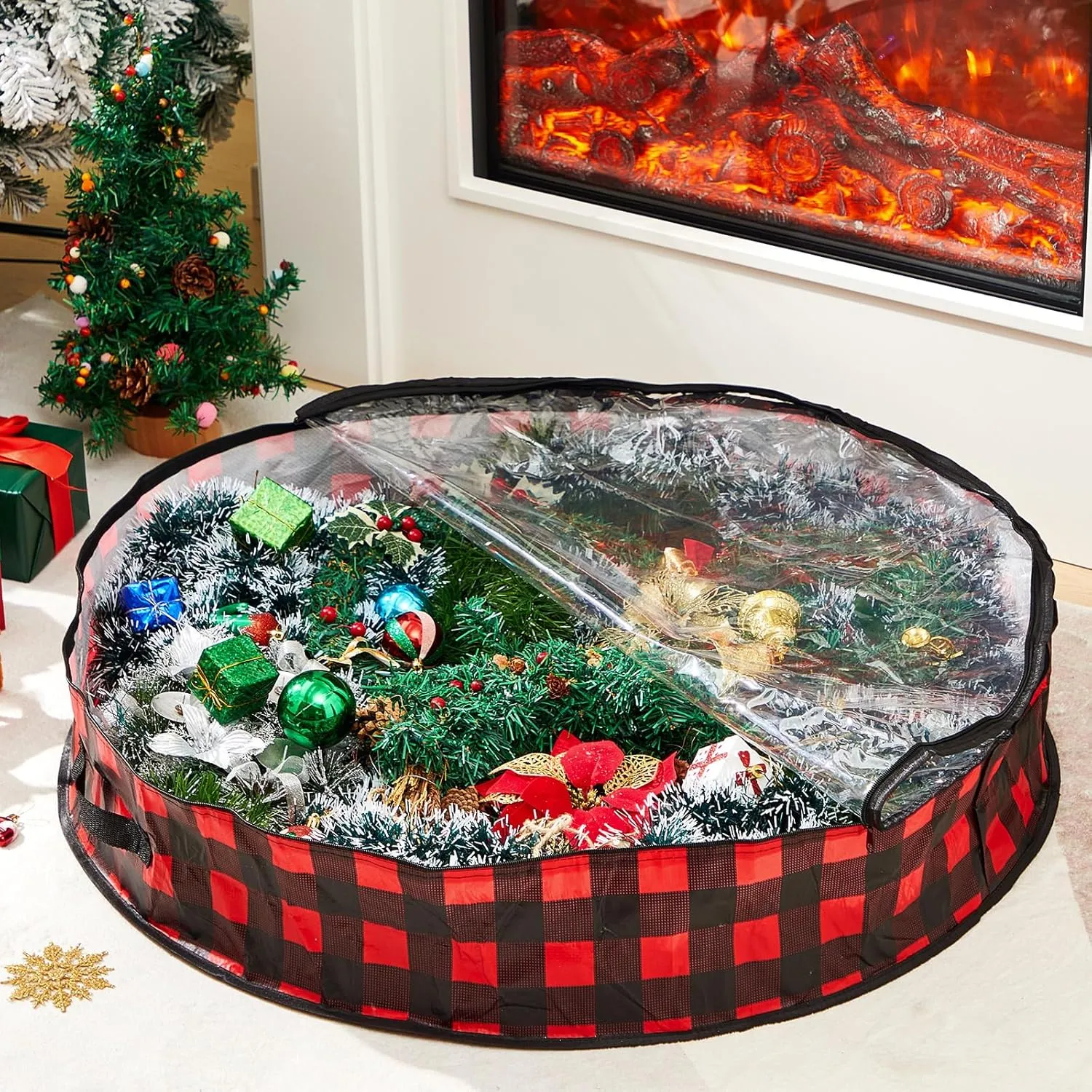 Aliceset 4 Pack Wreath Storage Containers, Storage Bags with Window and Handles, Durable Decoration Box Holder for Holiday(36 x 36 x 7.8 Inch,Red Black Plaid)