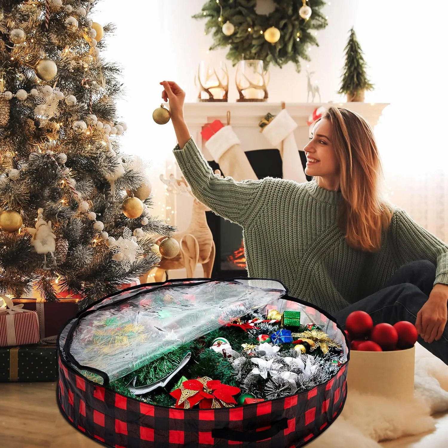 Aliceset 4 Pack Wreath Storage Containers, Storage Bags with Window and Handles, Durable Decoration Box Holder for Holiday(36 x 36 x 7.8 Inch,Red Black Plaid)