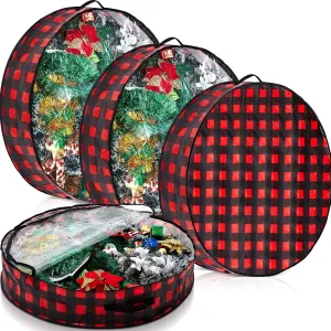 Aliceset 4 Pack Wreath Storage Containers, Storage Bags with Window and Handles, Durable Decoration Box Holder for Holiday(36 x 36 x 7.8 Inch,Red Black Plaid)