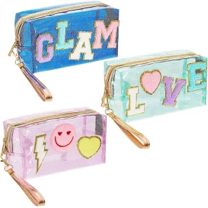 Amylove 3 Pcs Summer Preppy Makeup Bag Stuff Clear Cosmetic Preppy Bags Portable Cosmetic Summer Accessories for Teen Girls Women Gift Travel(Love, Glam, Patterns)